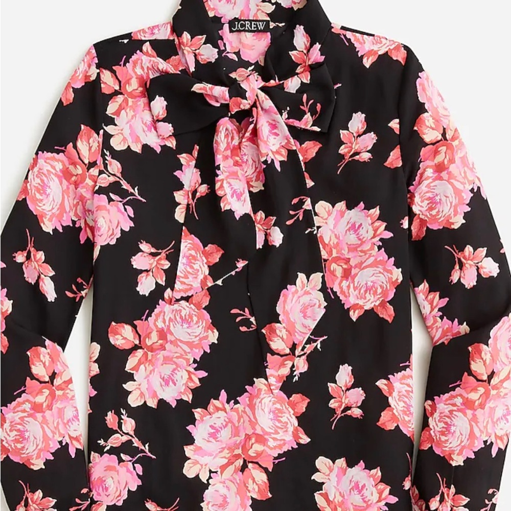 J.Crew Black Blouse with Pink Rose Floral Print, V -Neck with Tie Collar Sz XXS